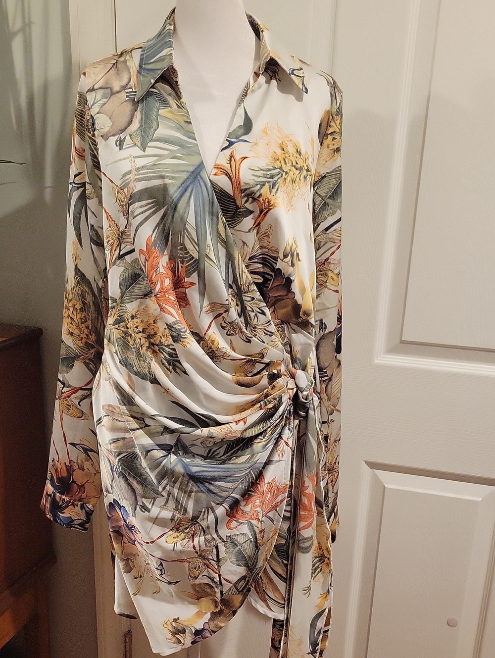 Luxxel White Multi Floral Wrap-Style Long Sleeve Dress